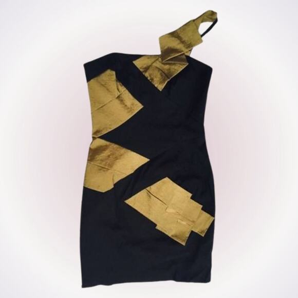 Cache Modern Black and Gold One-Shoulder Dress | Sz 2 - Picture 1 of 4